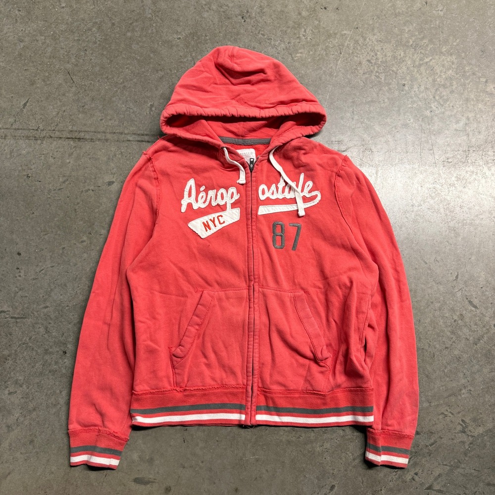 Aeropostale Mens Full Zip Hoodie Coral Red NYC 87 Graphic Fleece Sweatshirt L